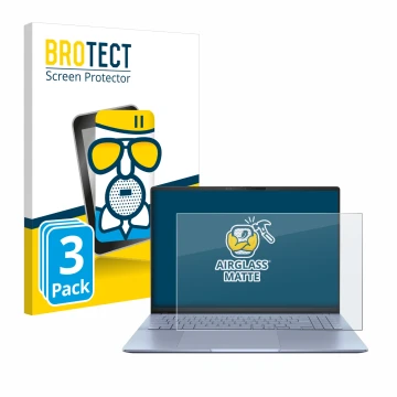 Parte frontal de un envase de producto con el logotipo de la marca BROTECT. Al lado se muestra el dispositivo ASUS Vivobook S1