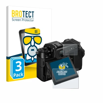 Parte frontal de un envase de producto con el logotipo de la marca BROTECT. Al lado se muestra el dispositivo Fujifilm GFX100S