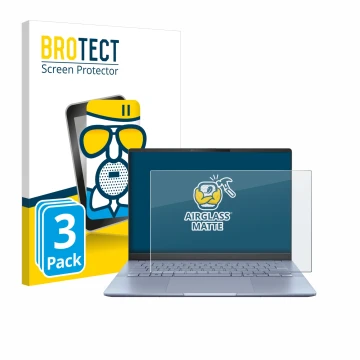 Parte frontal de un envase de producto con el logotipo de la marca BROTECT. Al lado se muestra el dispositivo ASUS Vivobook S 