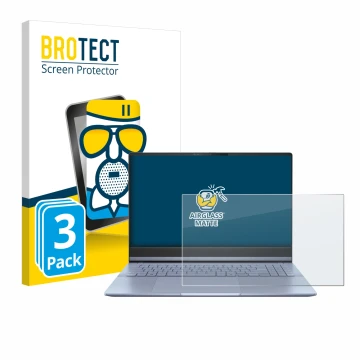 Parte frontal de un envase de producto con el logotipo de la marca BROTECT. Al lado se muestra el dispositivo ASUS Vivobook S 