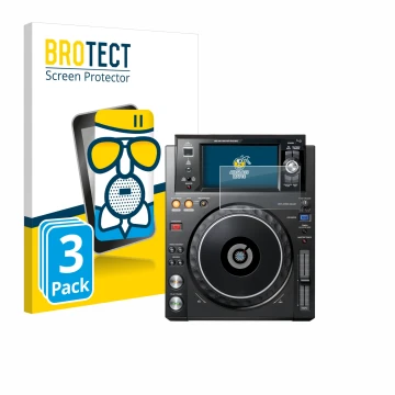 Parte frontal de un envase de producto con el logotipo de la marca BROTECT. Al lado se muestra el dispositivo Pioneer XDJ -100