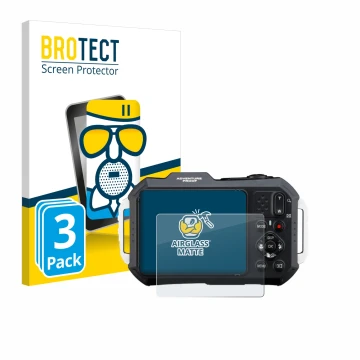 Parte frontal de un envase de producto con el logotipo de la marca BROTECT. Al lado se muestra el dispositivo Ricoh Pentax WG-
