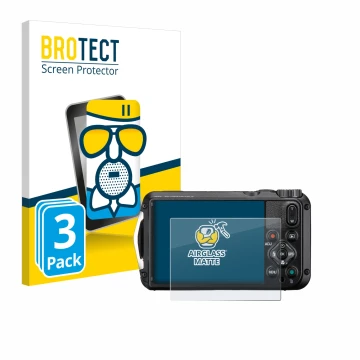 Parte frontal de un envase de producto con el logotipo de la marca BROTECT. Al lado se muestra el dispositivo Ricoh Pentax WG-