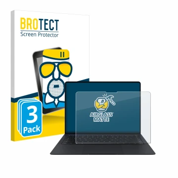 Parte frontal de un envase de producto con el logotipo de la marca BROTECT. Al lado se muestra el dispositivo Huawei MateBook 