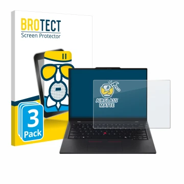 Parte frontal de un envase de producto con el logotipo de la marca BROTECT. Al lado se muestra el dispositivo Lenovo ThinkPad 