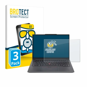 Parte frontal de un envase de producto con el logotipo de la marca BROTECT. Al lado se muestra el dispositivo Lenovo ThinkPad 