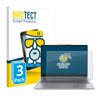 Parte frontal de un envase de producto con el logotipo de la marca BROTECT. Al lado se muestra el dispositivo Lenovo ThinkBook