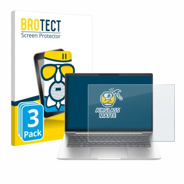 Parte frontal de un envase de producto con el logotipo de la marca BROTECT. Al lado se muestra el dispositivo HP EliteBook 645
