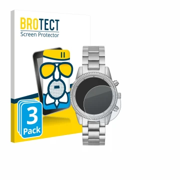 Parte frontal de un envase de producto con el logotipo de la marca BROTECT. Al lado se muestra el dispositivo Michael Kors Rit