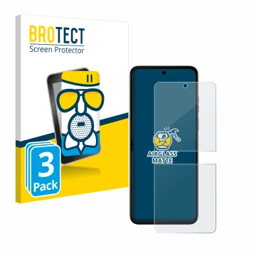 Parte frontal de un envase de producto con el logotipo de la marca BROTECT. Al lado se muestra el dispositivo Motorola Razr 50