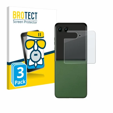 Parte frontal de un envase de producto con el logotipo de la marca BROTECT. Al lado se muestra el dispositivo Motorola Razr 50