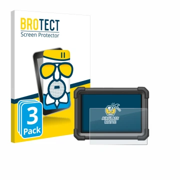 Parte frontal de un envase de producto con el logotipo de la marca BROTECT. Al lado se muestra el dispositivo Launch X-431 Pro