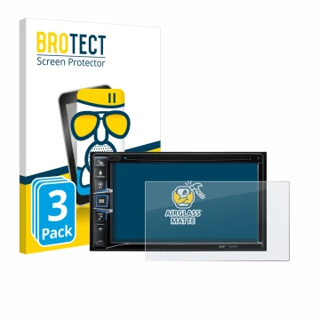 Parte frontal de un envase de producto con el logotipo de la marca BROTECT. Al lado se muestra el dispositivo Alpine INE-W611D