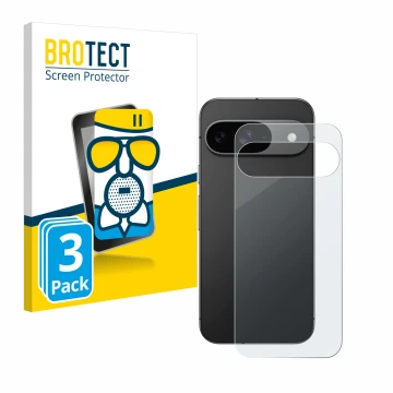 Parte frontal de un envase de producto con el logotipo de la marca BROTECT. Al lado se muestra el dispositivo Google Pixel 9 (