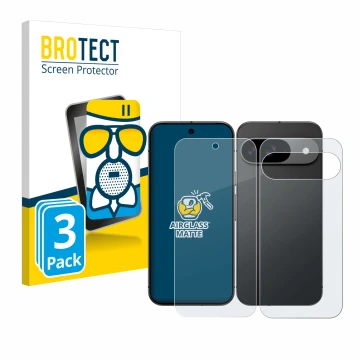 Parte frontal de un envase de producto con el logotipo de la marca BROTECT. Al lado se muestra el dispositivo Google Pixel 9 (
