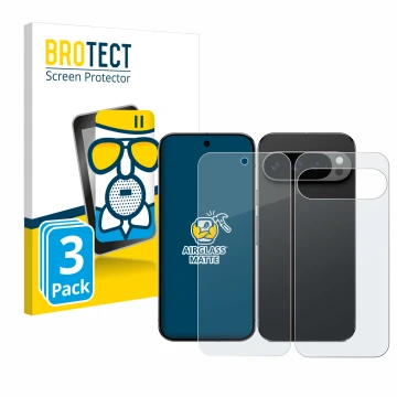 Parte frontal de un envase de producto con el logotipo de la marca BROTECT. Al lado se muestra el dispositivo Google Pixel 9 P