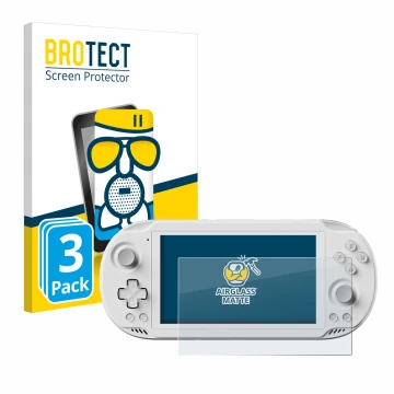 Parte frontal de un envase de producto con el logotipo de la marca BROTECT. Al lado se muestra el dispositivo AYN Odin 2 Mini 
