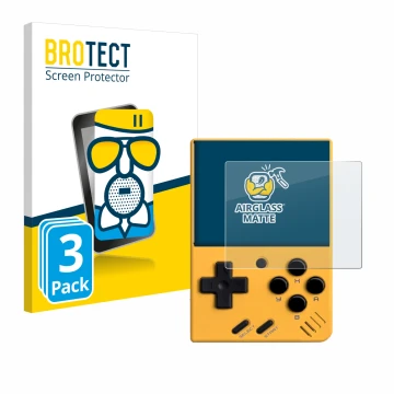 Parte frontal de un envase de producto con el logotipo de la marca BROTECT. Al lado se muestra el dispositivo Miyoo Mini V4 co