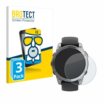 Parte frontal de un envase de producto con el logotipo de la marca BROTECT. Al lado se muestra el dispositivo Garmin Fenix E c