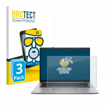 Parte frontal de un envase de producto con el logotipo de la marca BROTECT. Al lado se muestra el dispositivo HP Zbook Firefly