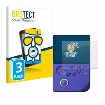 Parte frontal de un envase de producto con el logotipo de la marca BROTECT. Al lado se muestra el dispositivo Anbernic RG40XXV