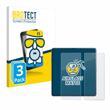 Parte frontal de un envase de producto con el logotipo de la marca BROTECT. Al lado se muestra el dispositivo Honor Magic V3 (