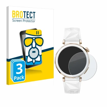Parte frontal de un envase de producto con el logotipo de la marca BROTECT. Al lado se muestra el dispositivo Huawei Watch GT 