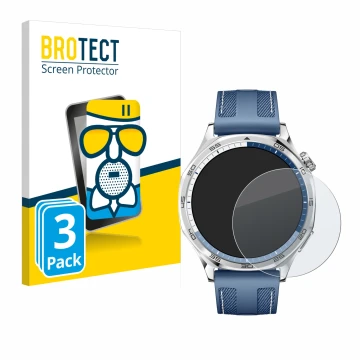 Parte frontal de un envase de producto con el logotipo de la marca BROTECT. Al lado se muestra el dispositivo Huawei Watch GT 