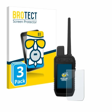Parte frontal de un envase de producto con el logotipo de la marca BROTECT. Al lado se muestra el dispositivo Garmin Alpha 300