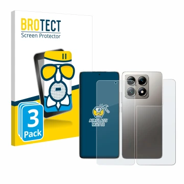 Parte frontal de un envase de producto con el logotipo de la marca BROTECT. Al lado se muestra el dispositivo Xiaomi 14T (Fron