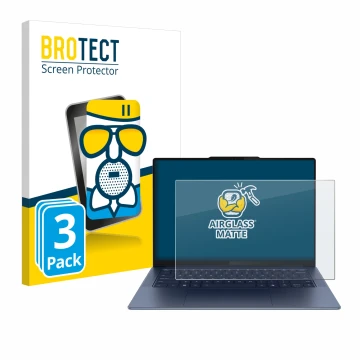 Parte frontal de un envase de producto con el logotipo de la marca BROTECT. Al lado se muestra el dispositivo Lenovo Yoga Slim