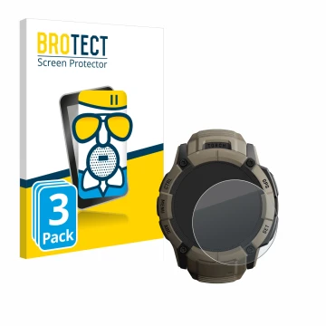 Parte frontal de un envase de producto con el logotipo de la marca BROTECT. Al lado se muestra el dispositivo Garmin Instinct 