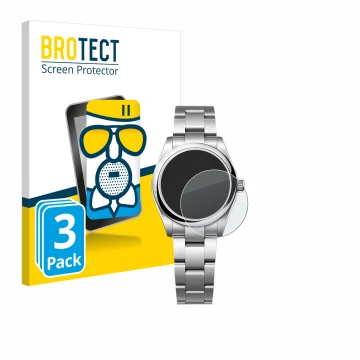 Parte frontal de un envase de producto con el logotipo de la marca BROTECT. Al lado se muestra el dispositivo Rolex Oyster Per