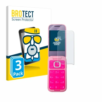 Parte frontal de un envase de producto con el logotipo de la marca BROTECT. Al lado se muestra el dispositivo HMD Barbie Phone