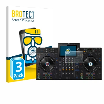 Parte frontal de un envase de producto con el logotipo de la marca BROTECT. Al lado se muestra el dispositivo AlphaTheta XDJ-A