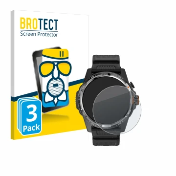 Parte frontal de un envase de producto con el logotipo de la marca BROTECT. Al lado se muestra el dispositivo Mobvoi Ticwatch 
