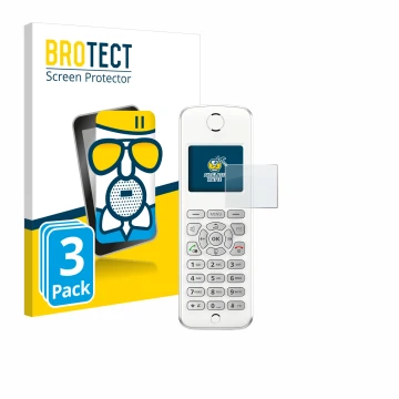 Parte frontal de un envase de producto con el logotipo de la marca BROTECT. Al lado se muestra el dispositivo AVM Fritz!Fon M2
