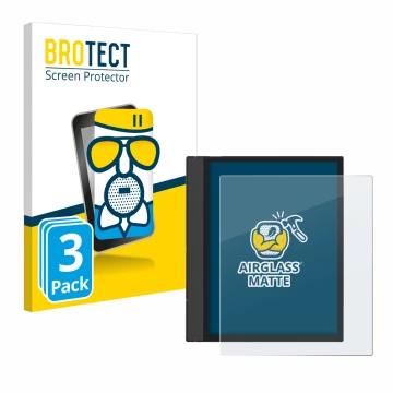 Parte frontal de un envase de producto con el logotipo de la marca BROTECT. Al lado se muestra el dispositivo Boox Note Air 4 