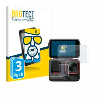 Parte frontal de un envase de producto con el logotipo de la marca BROTECT. Al lado se muestra el dispositivo Insta360 Ace Pro