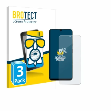 Parte frontal de un envase de producto con el logotipo de la marca BROTECT. Al lado se muestra el dispositivo ZTE Blade A35 co