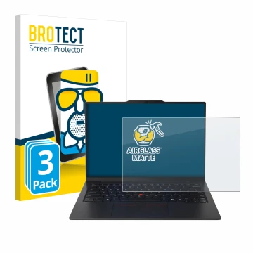 Parte frontal de un envase de producto con el logotipo de la marca BROTECT. Al lado se muestra el dispositivo Lenovo ThinkPad 