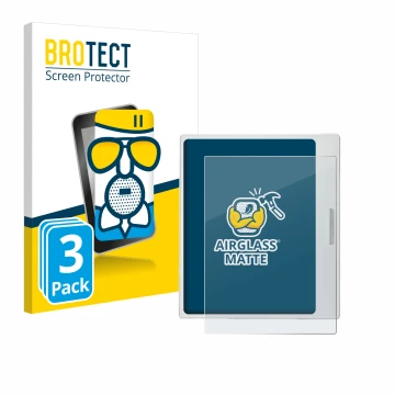 Parte frontal de un envase de producto con el logotipo de la marca BROTECT. Al lado se muestra el dispositivo Boox Go Color 7 