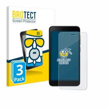Parte frontal de un envase de producto con el logotipo de la marca BROTECT. Al lado se muestra el dispositivo ZTE Blade A35 li
