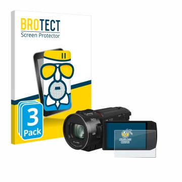 Parte frontal de un envase de producto con el logotipo de la marca BROTECT. Al lado se muestra el dispositivo Panasonic HC-VX3