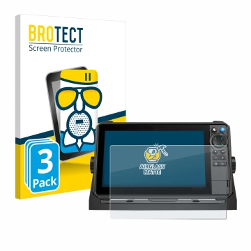 Parte frontal de un envase de producto con el logotipo de la marca BROTECT. Al lado se muestra el dispositivo Lowrance HDS-9 P