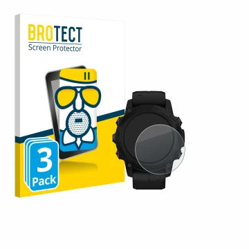 Parte frontal de un envase de producto con el logotipo de la marca BROTECT. Al lado se muestra el dispositivo Garmin Descent G