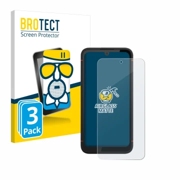 Parte frontal de un envase de producto con el logotipo de la marca BROTECT. Al lado se muestra el dispositivo Volla Phone X23 