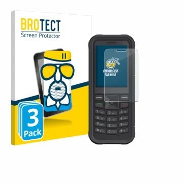 Parte frontal de un envase de producto con el logotipo de la marca BROTECT. Al lado se muestra el dispositivo Sonim XP100 con 