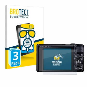 Parte frontal de un envase de producto con el logotipo de la marca BROTECT. Al lado se muestra el dispositivo Canon PowerShot 