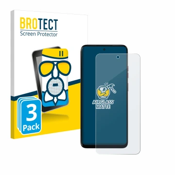 Parte frontal de un envase de producto con el logotipo de la marca BROTECT. Al lado se muestra el dispositivo Motorola Moto G0
